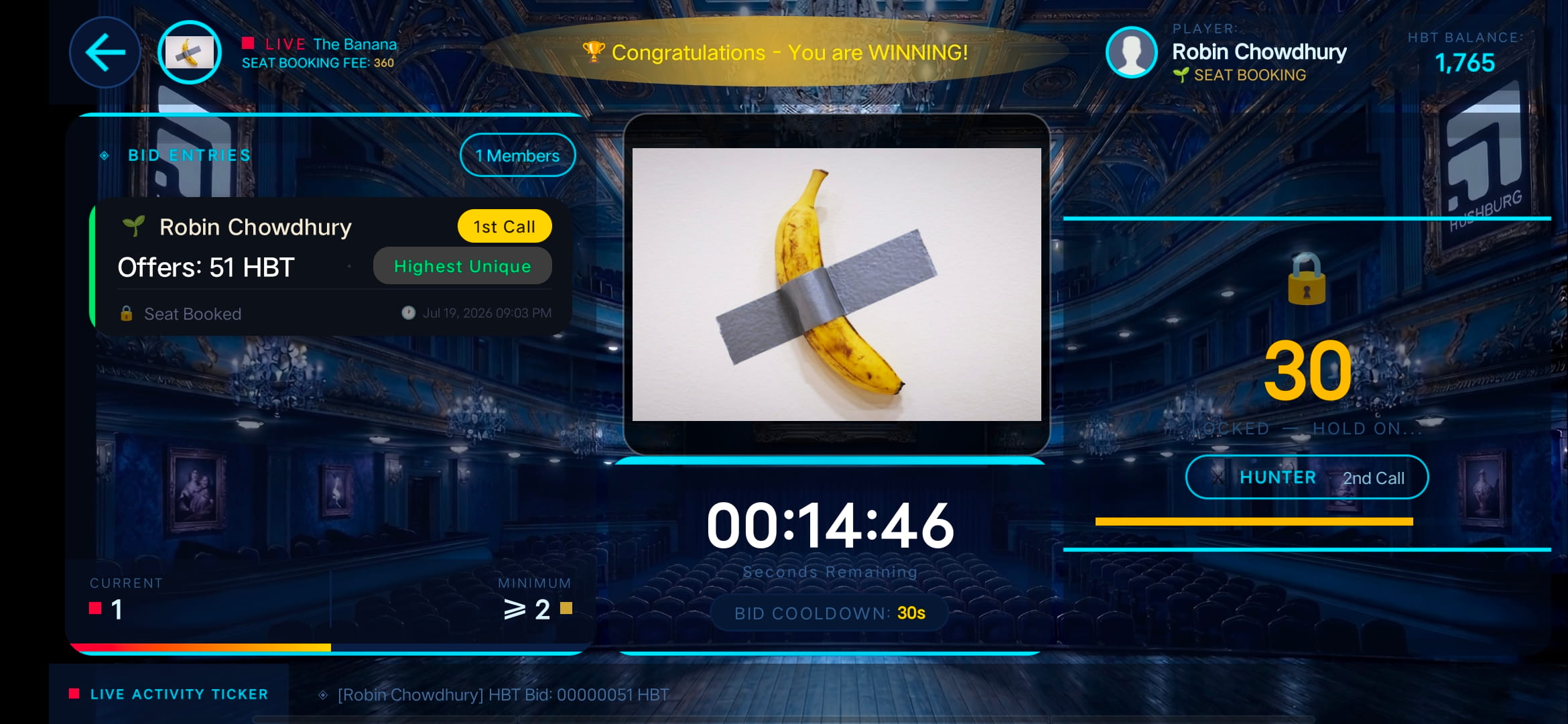 Hushburg HBT Training Mode live auction screen - free 15 minute practice round with in-app HBT currency bidding