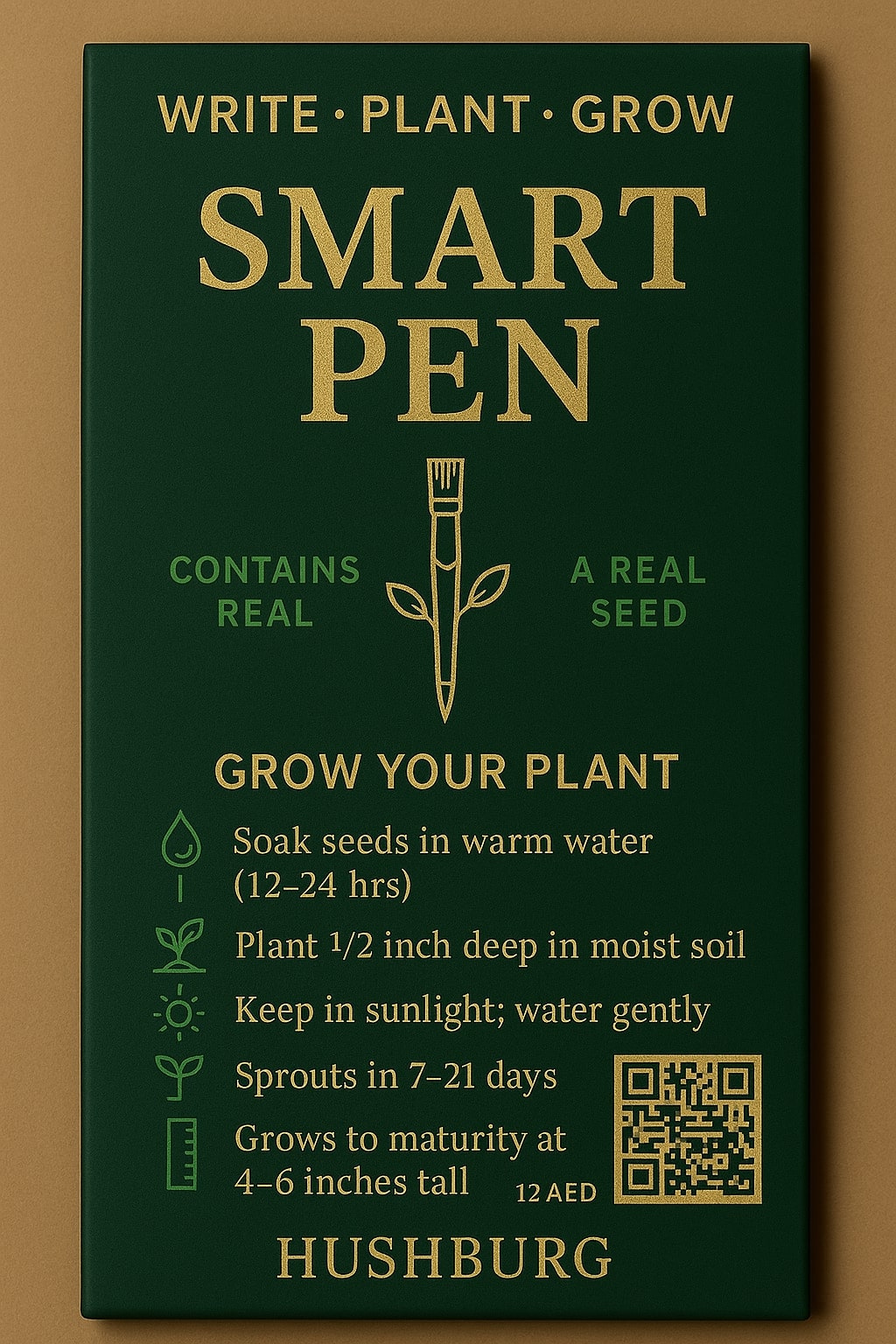 Hushburg Smart Pen packaging with biodegradable pen and seed packet - eco-friendly plantable pen